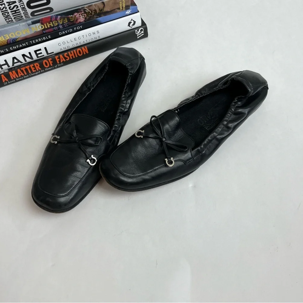 Salvatore Ferragamo Black Leather Bow Driving Loafers Size 7